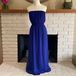 Royal Blue Crepe A-Line Strapless Maxi Dress